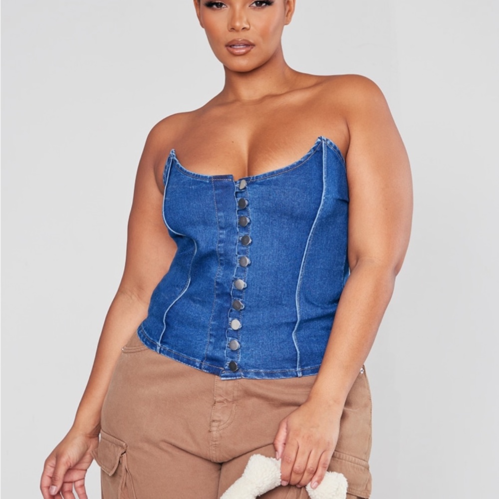 PLT Plus Mid Blue Wash Button Front Denim Corset, Size  20